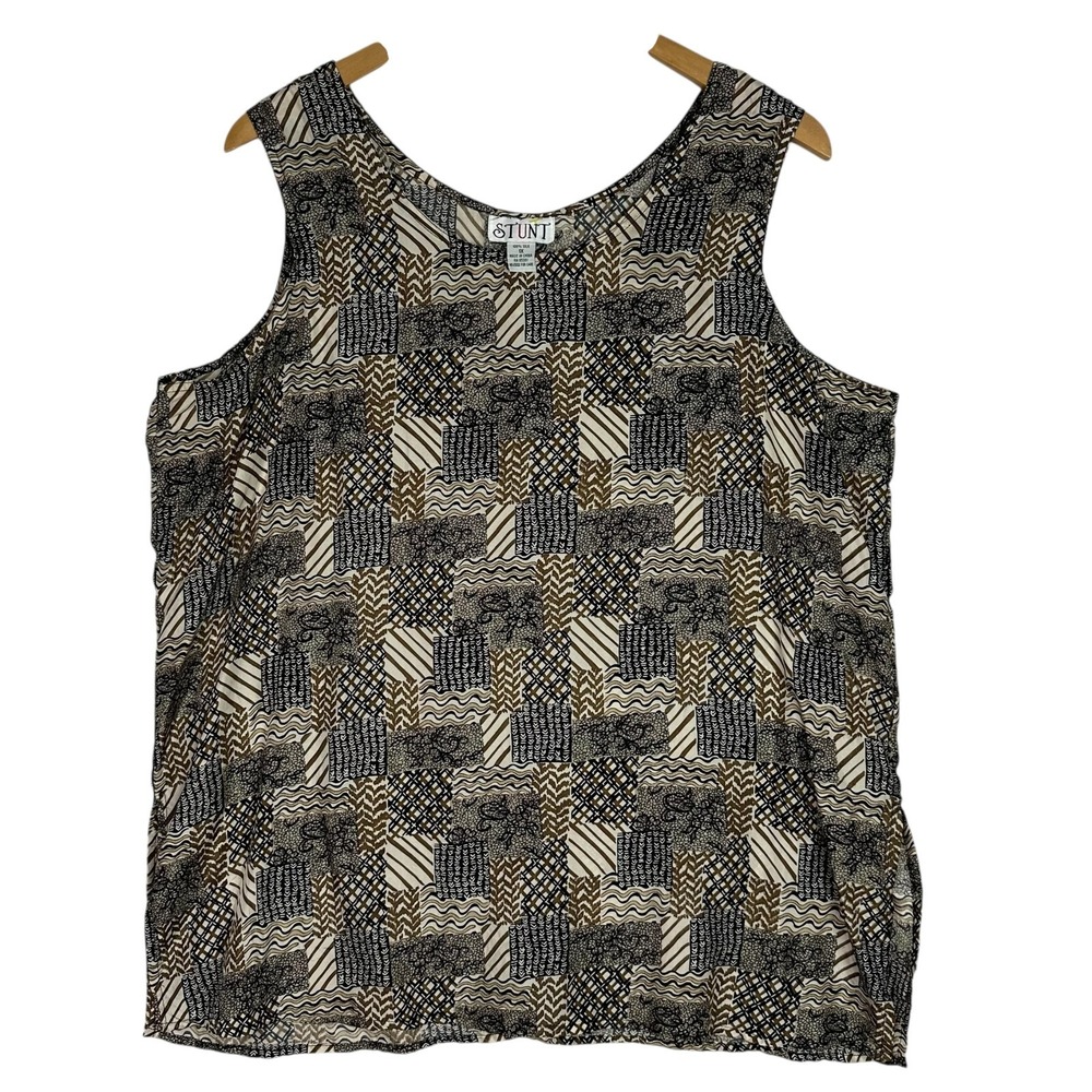 Vintage 90s Silk Tank Top 1X Patchwork Geometric Print Neutral Boho Sleeveless
